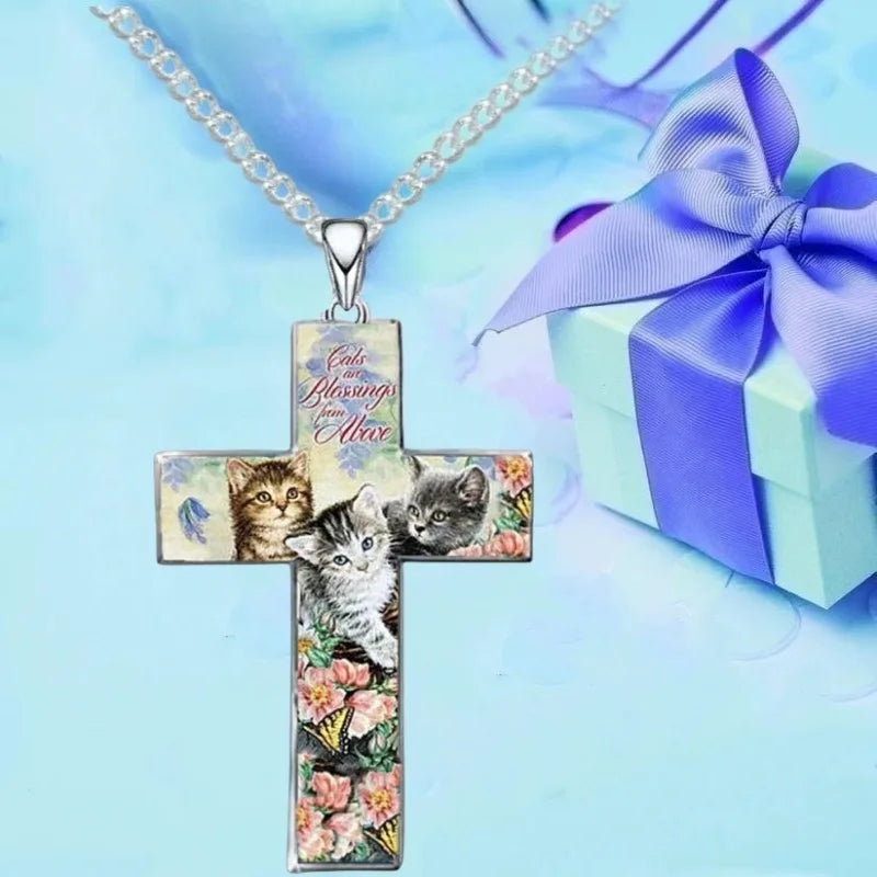 Pets Three Cats Cross Necklace