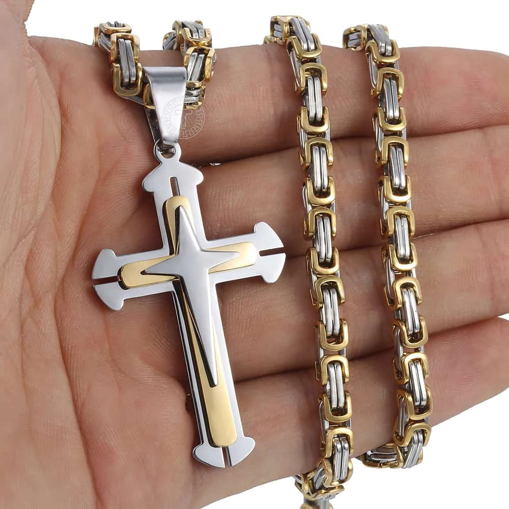 Men's Cross Necklace Gold Color Black Cross Pendant Stainless Steel Byzantine Chain Necklace 2020 Hip Hop Male Jewelry KP180 - admstore