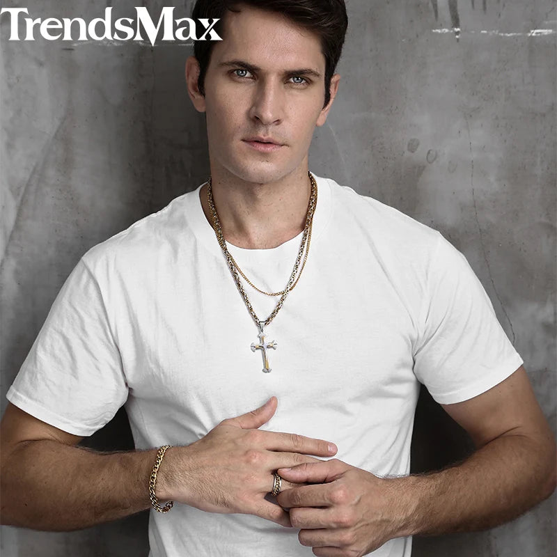 Men's Cross Necklace Gold Color Black Cross Pendant Stainless Steel Byzantine Chain Necklace 2020 Hip Hop Male Jewelry KP180 - admstore
