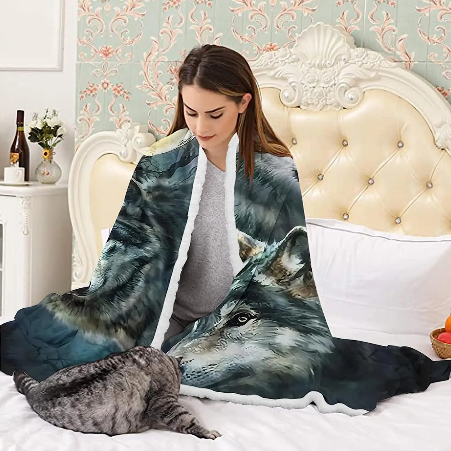 Watercolor Wolf Sherpa Blanket