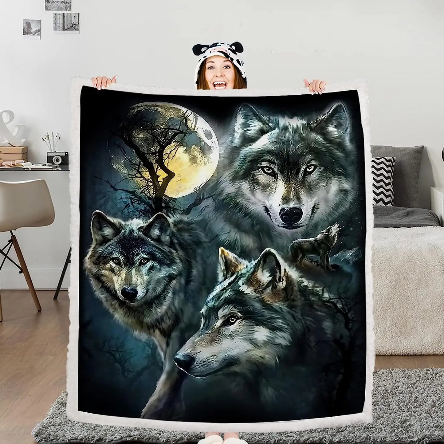 Watercolor Wolf Sherpa Blanket